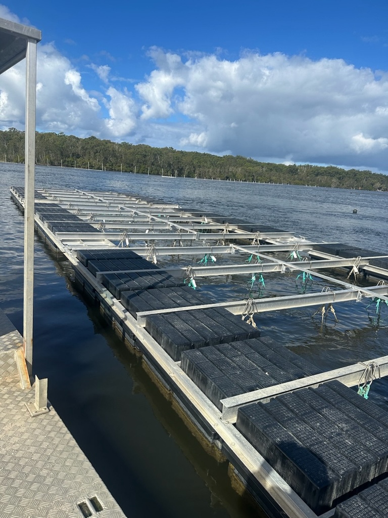 Floating oyster raft with rotomoulded black polyethylene floats and aluminium frame